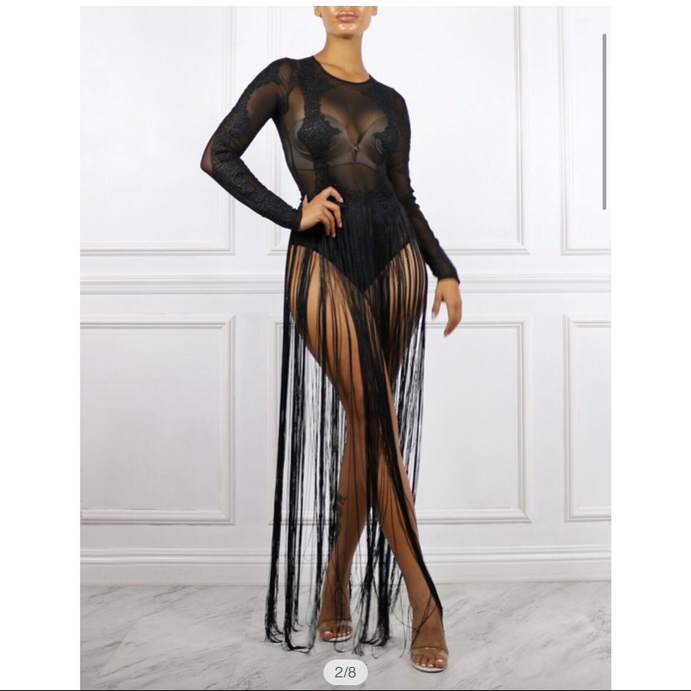 New Black mesh Fringe lace bodysuit top - Picture 3 of 4